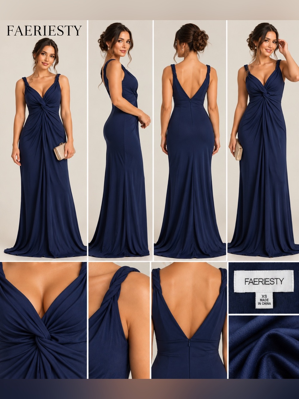 Faeriesty Navy Blue Twist Front Maxi Gown XS Stretch Formal Dress